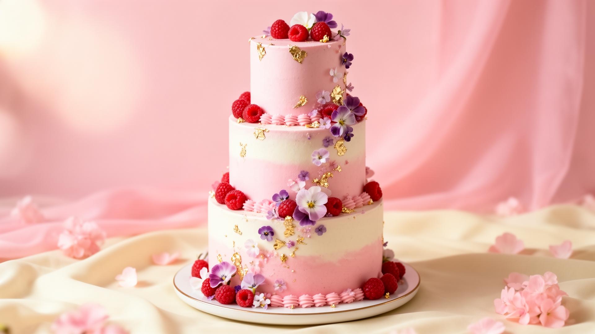 Pink tiered patisserie cake with raspberries, edible flowers and gold leaf